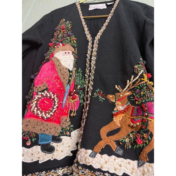 Vintage Christmas Sweater Marisa Christina Beaded Santa/Reindeer Cardigan Small - Picture 5 of 7